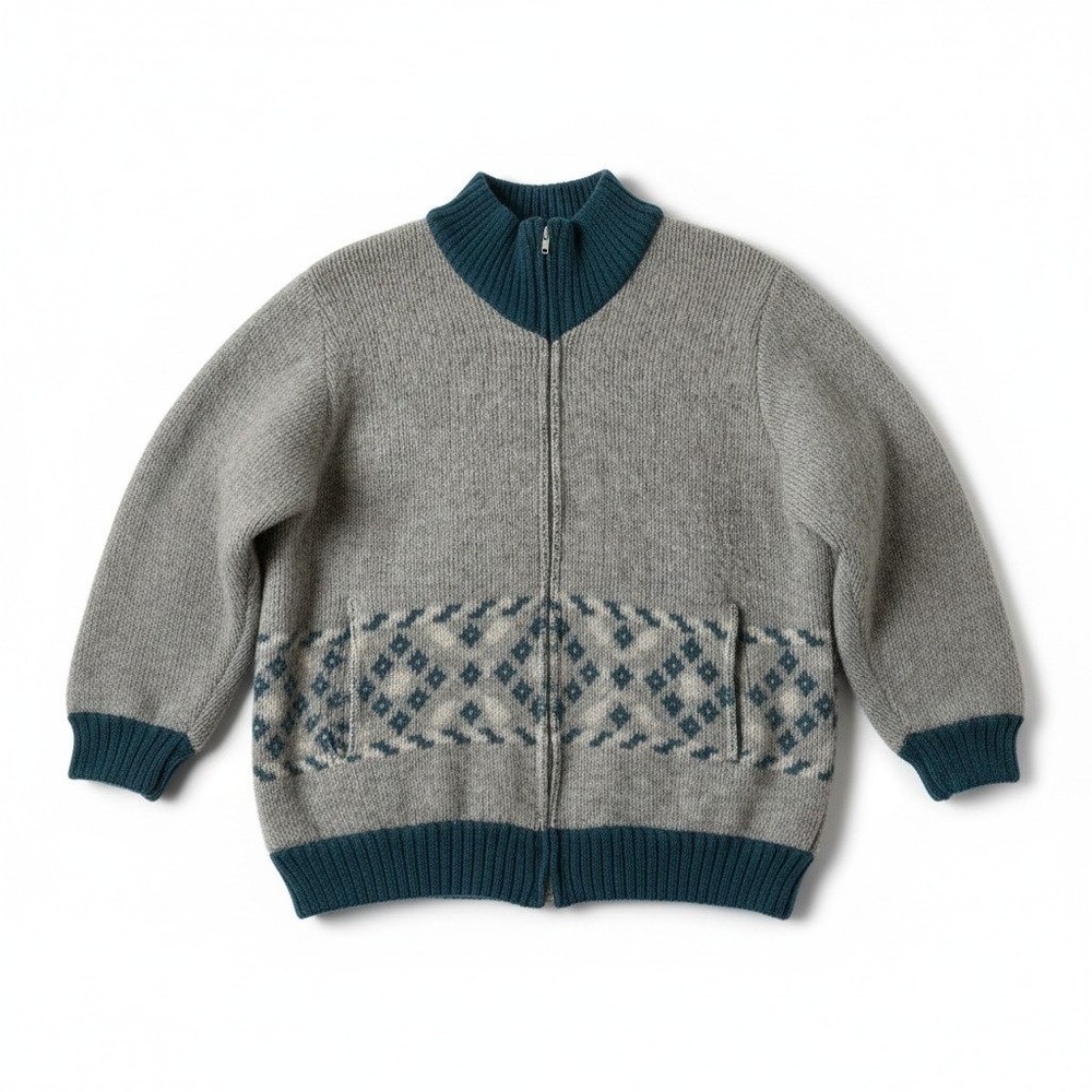 Alafoss Icewool Full Zip Sweater M Grey Teal Nordic Lined Wool Cardigan Gorpcore